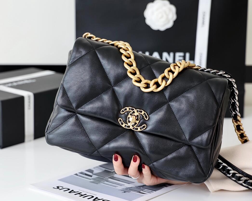 CHANEL 19 Medium Flap Bag In Black Lambskin Golden Buckle