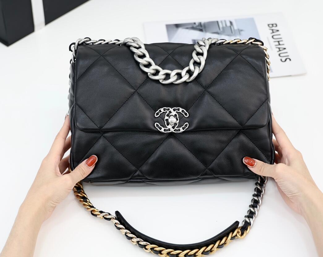 CHANEL 19 Medium Flap Bag In Black Lambskin Silver Buckle