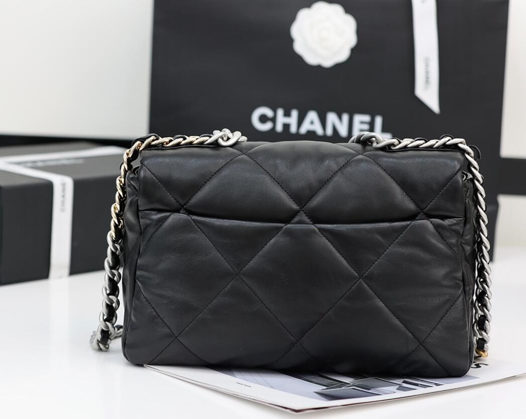 CHANEL 19 Medium Flap Bag In Black Lambskin Silver Buckle