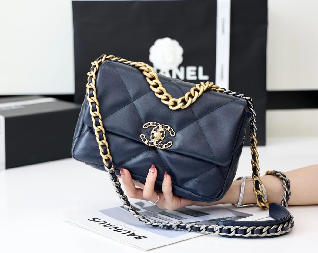 CHANEL 19 Small Flap Bag In Dark Blue Lambskin