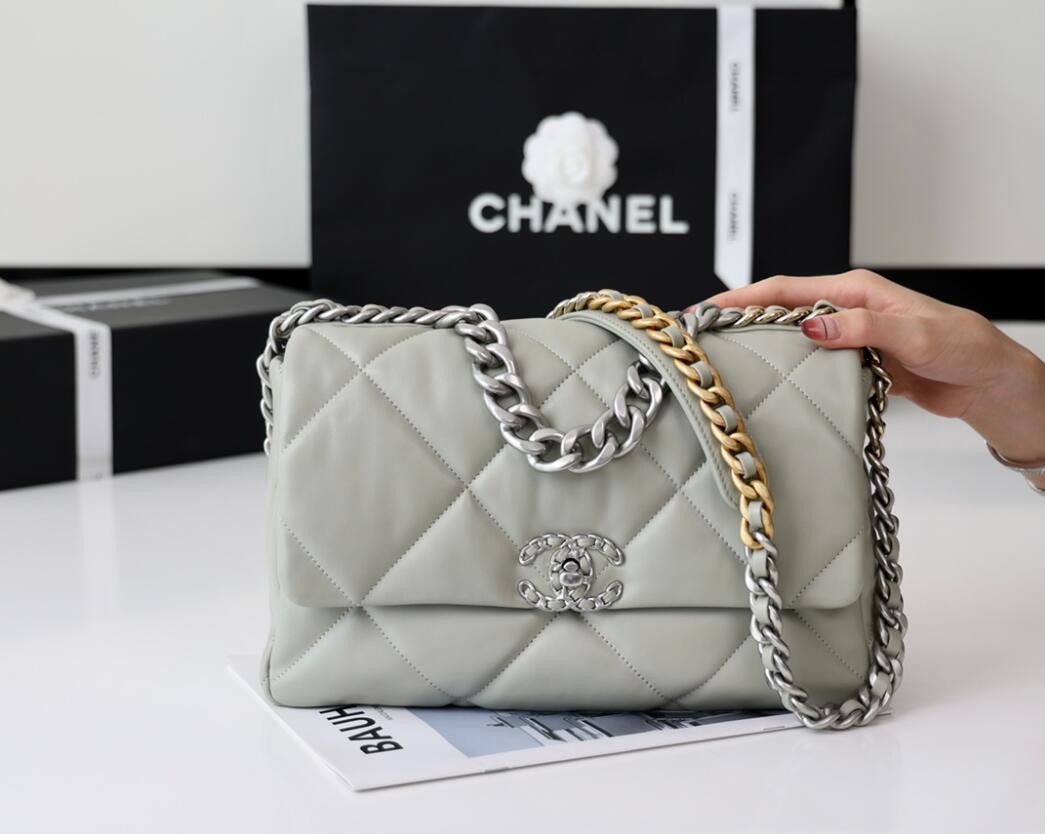 CHANEL 19 MediumFlap Bag In Light Grey Lambskin