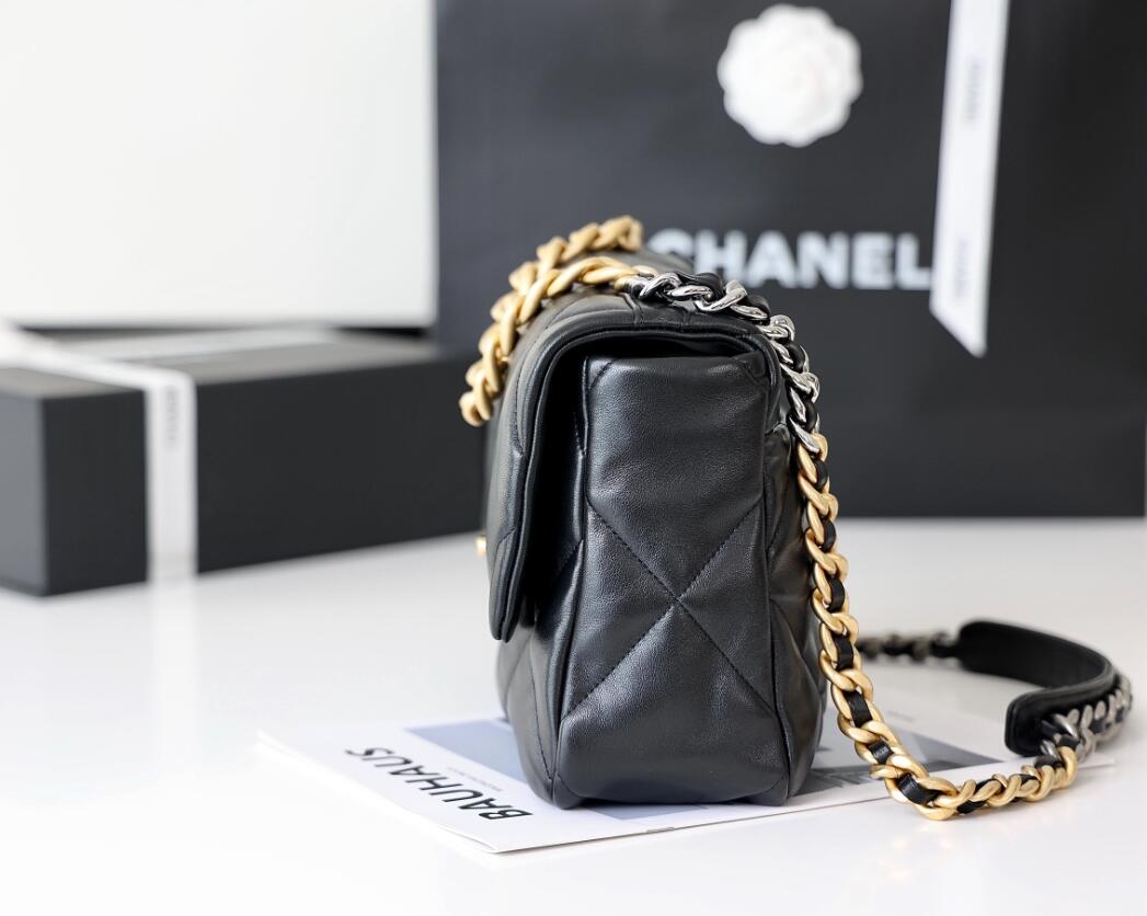 CHANEL 19 Medium Flap Bag In Black Lambskin Golden Buckle