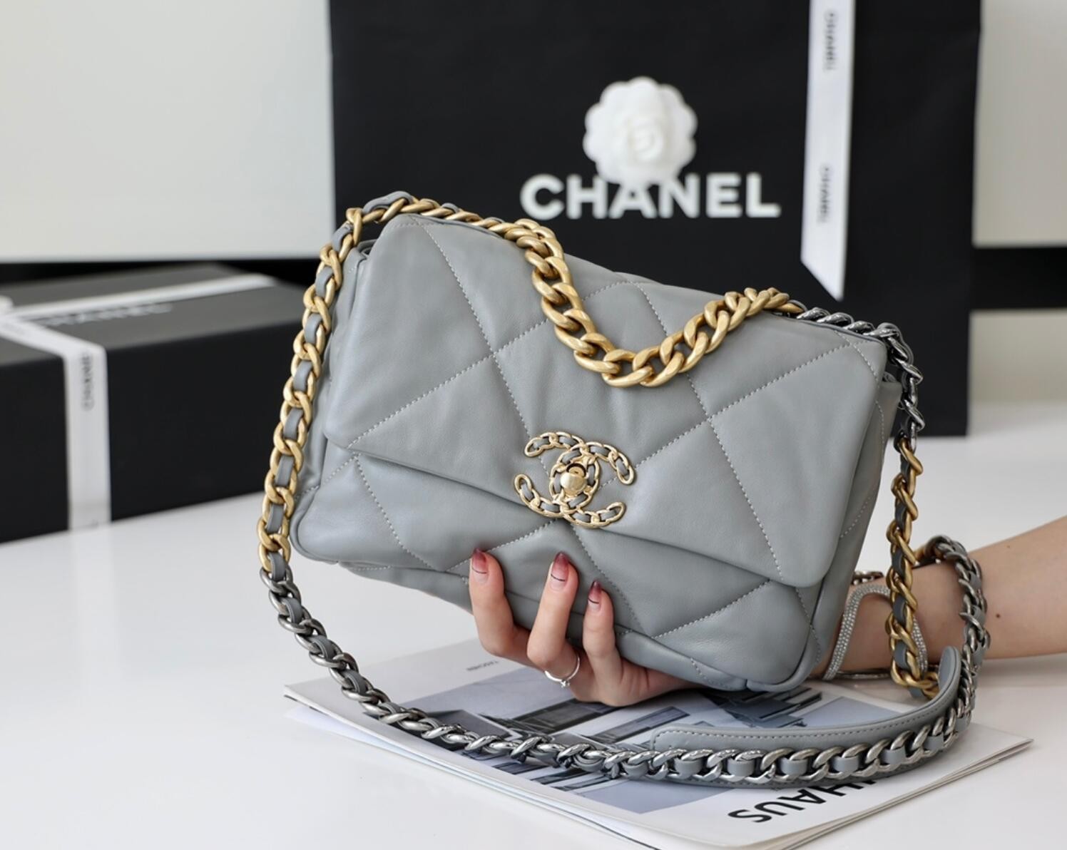 CHANEL 19 Small Flap Bag In Grey Lambskin